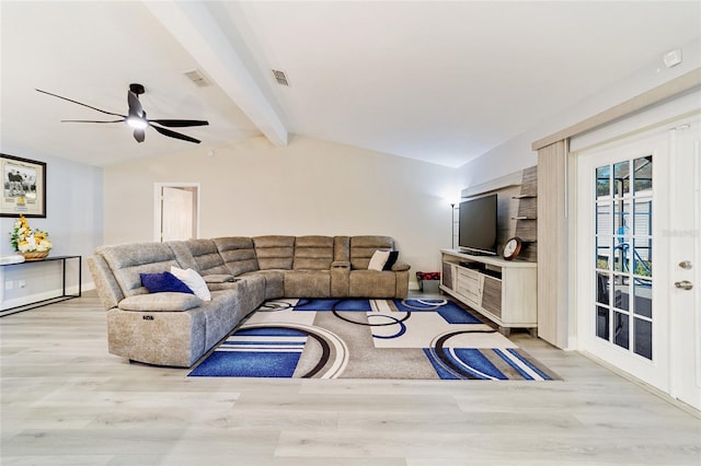 living room featuring ceiling fan, light hardwood / wood-style flooring, french doors, and lofted ceiling with beams