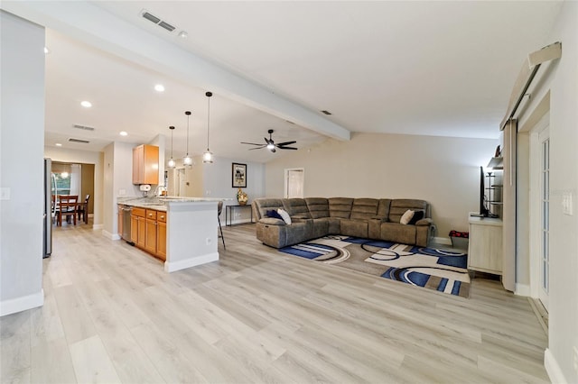 living room featuring sink, ceiling fan, vaulted ceiling with beams, and light hardwood / wood-style flooring