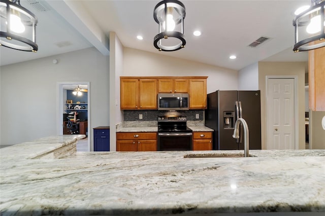 kitchen with stainless steel appliances, lofted ceiling with beams, light stone countertops, ceiling fan, and tasteful backsplash