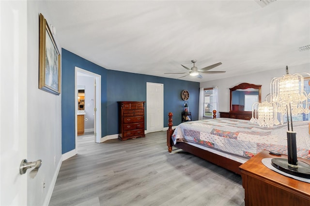 bedroom featuring ceiling fan and light hardwood / wood-style floors