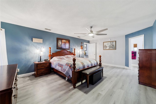 bedroom featuring ceiling fan and light wood-type flooring