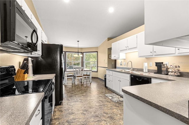 kitchen with black appliances, a notable chandelier, pendant lighting, white cabinets, and sink