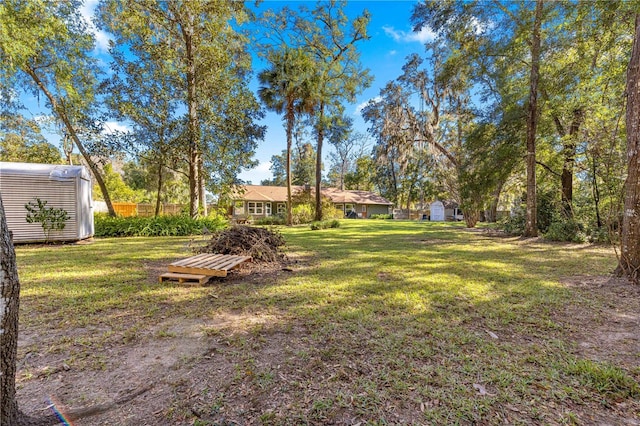 view of yard featuring a storage shed