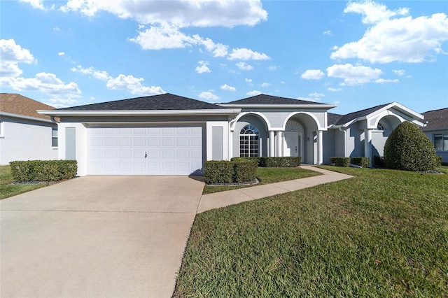 ranch-style home featuring a garage and a front lawn