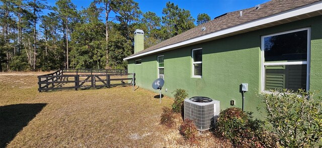 view of side of home featuring a shingled roof, fence, central AC unit, stucco siding, and a chimney