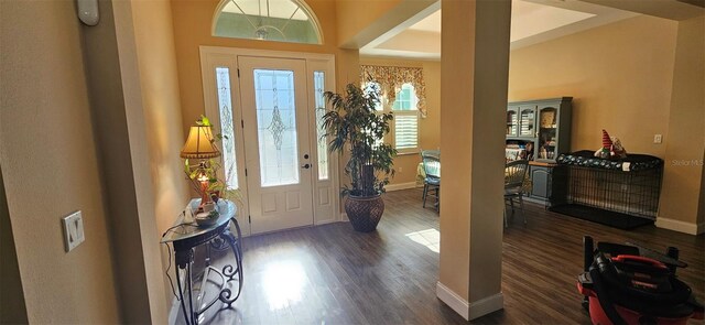 entryway featuring baseboards and dark wood-style flooring