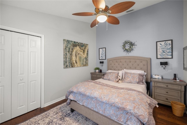 bedroom featuring ceiling fan, dark hardwood / wood-style flooring, and a closet