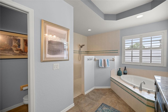 bathroom featuring plus walk in shower, tile patterned flooring, and toilet