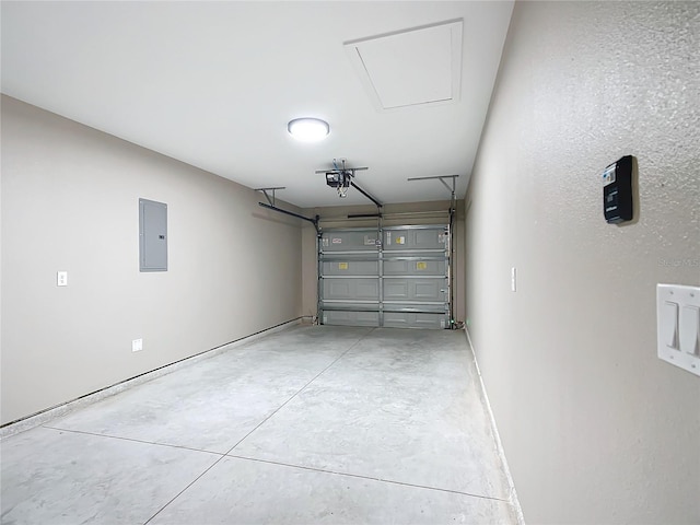 garage with electric panel and a garage door opener