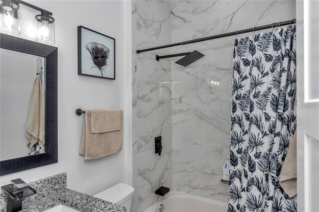 bathroom with vanity, toilet, and shower / bathtub combination with curtain