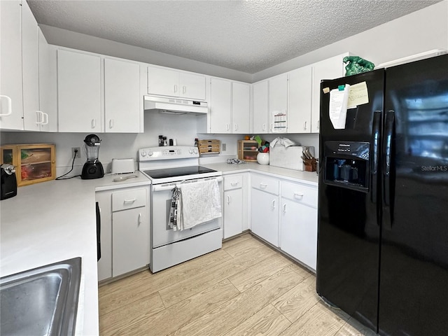 kitchen with a textured ceiling, white cabinets, white electric range oven, light hardwood / wood-style floors, and black fridge with ice dispenser