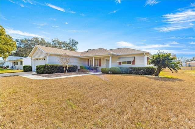 single story home with covered porch, a garage, and a front yard