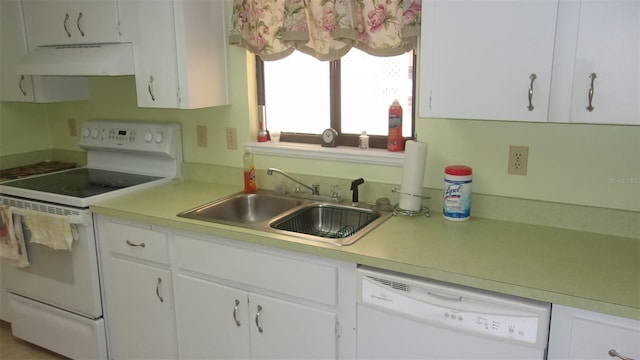 kitchen featuring white appliances, ventilation hood, white cabinetry, and sink