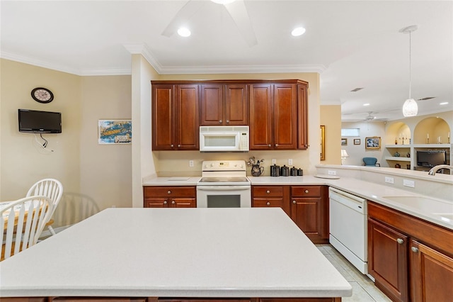 kitchen with white appliances, ceiling fan, ornamental molding, and sink