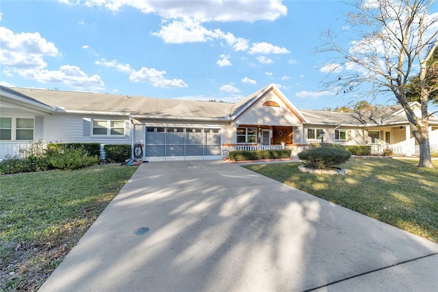 ranch-style home featuring a porch, a garage, and a front lawn