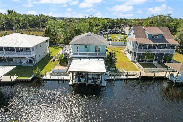 bird's eye view with a water view