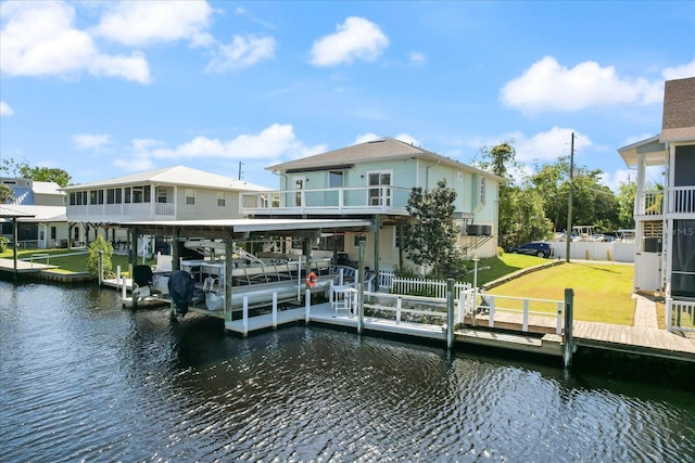 view of dock featuring a yard and a water view