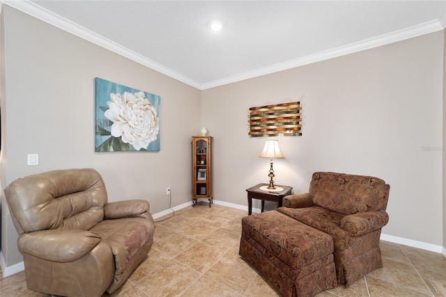 sitting room with tile patterned floors and ornamental molding