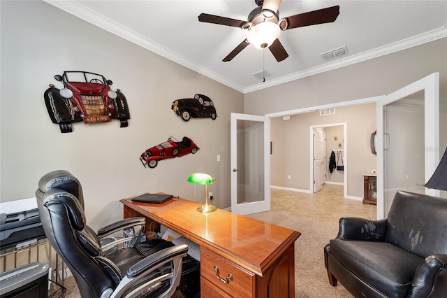 office space featuring ceiling fan, ornamental molding, and french doors