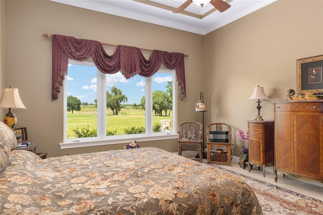 bedroom featuring ceiling fan and ornamental molding