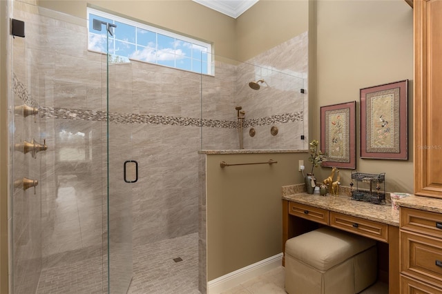 bathroom with vanity and walk in shower