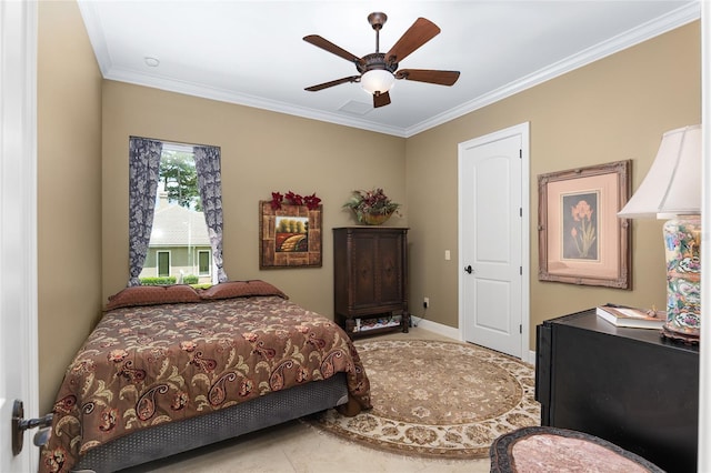 bedroom featuring ceiling fan and ornamental molding