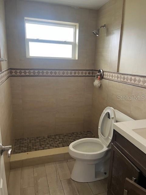 bathroom with a tile shower, a wealth of natural light, and vanity