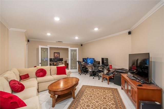 tiled living room with ornamental molding