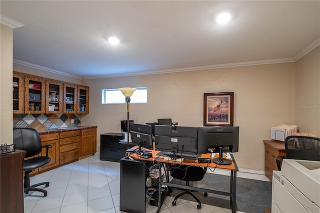 tiled home office with crown molding