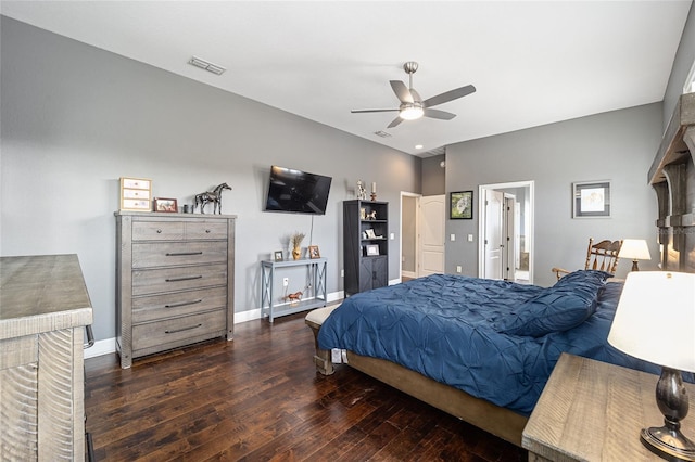 bedroom featuring dark hardwood / wood-style floors and ceiling fan