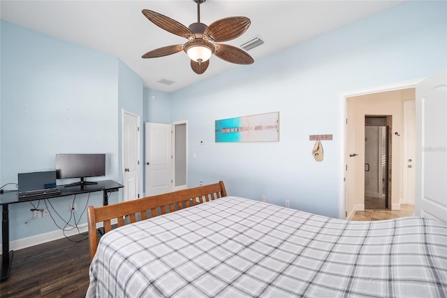 bedroom with ceiling fan and dark hardwood / wood-style floors