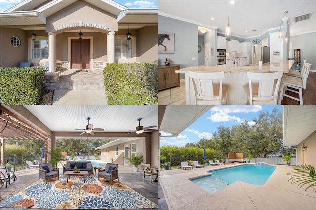 exterior space with ceiling fan, a patio area, an outdoor living space, and a wet bar