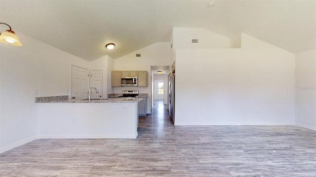 kitchen featuring sink, kitchen peninsula, light stone countertops, wood-type flooring, and stainless steel appliances