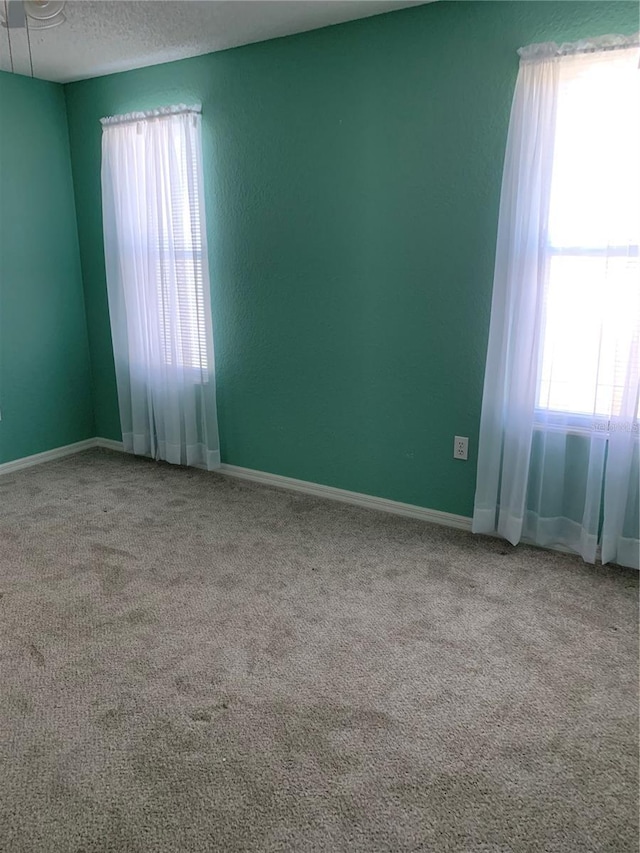 empty room featuring carpet floors, a healthy amount of sunlight, and a textured ceiling