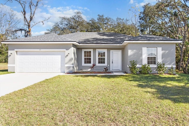 ranch-style home featuring a garage and a front lawn