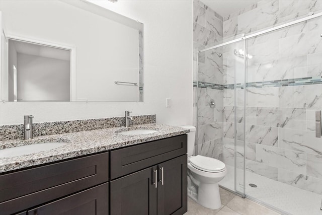 bathroom featuring walk in shower, vanity, and toilet