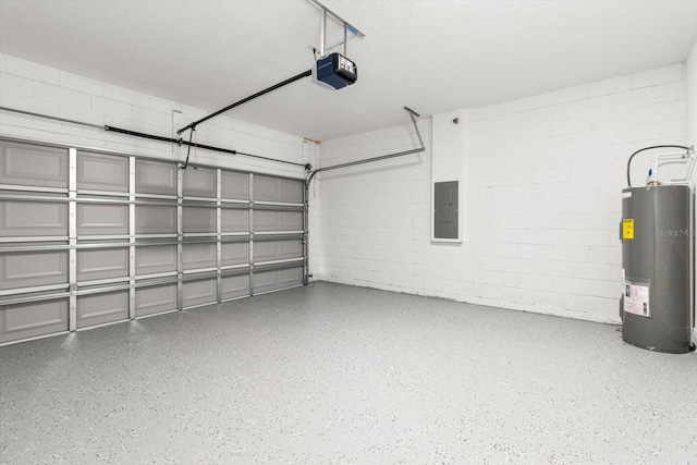 garage with electric panel, water heater, and a garage door opener