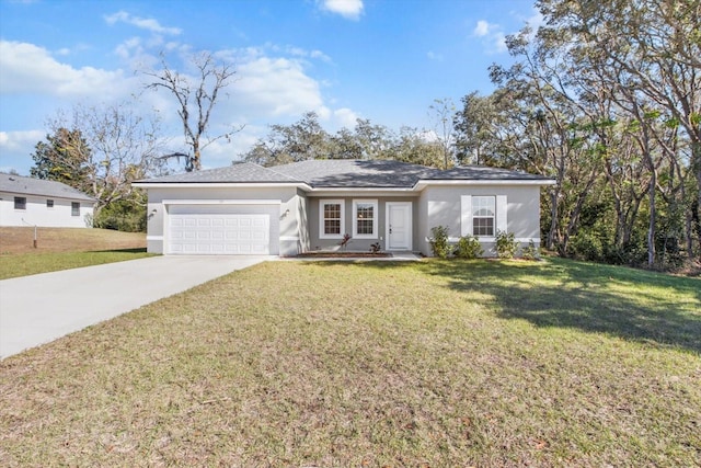 single story home featuring a front yard and a garage