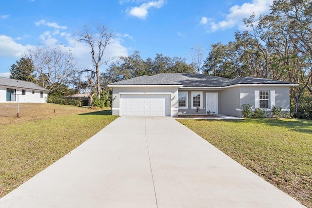 single story home featuring a front yard and a garage