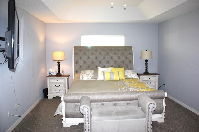 carpeted bedroom featuring a tray ceiling