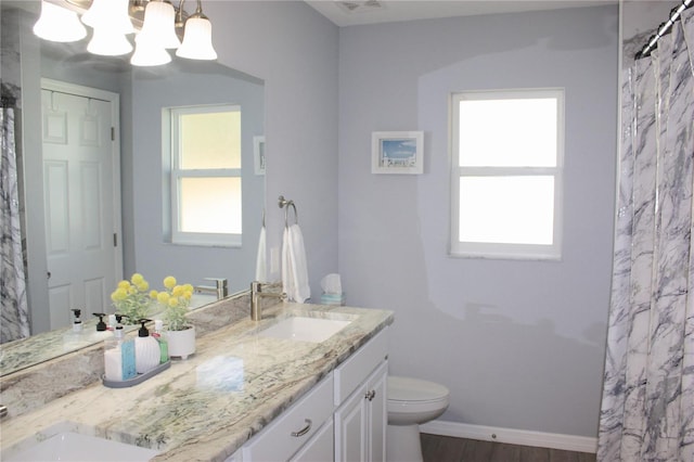 bathroom with vanity, a healthy amount of sunlight, and an inviting chandelier