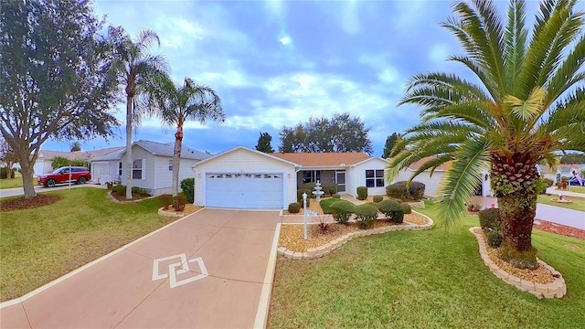 ranch-style house featuring a front lawn and a garage