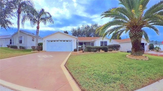 single story home featuring a front yard and a garage