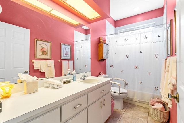 full bathroom featuring toilet, vanity, tile patterned floors, and shower / bathtub combination with curtain