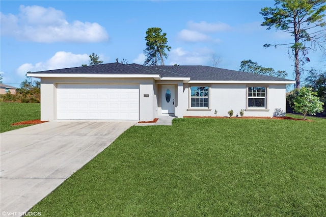 ranch-style house featuring a garage and a front yard