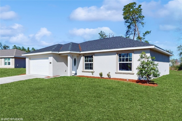 ranch-style home with a garage and a front yard