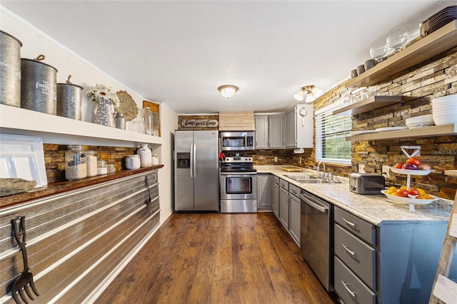 kitchen with dark wood-style floors, open shelves, a sink, gray cabinetry, and appliances with stainless steel finishes