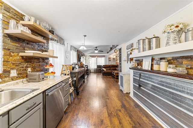 kitchen featuring open shelves, dark wood finished floors, gray cabinets, a ceiling fan, and stainless steel dishwasher