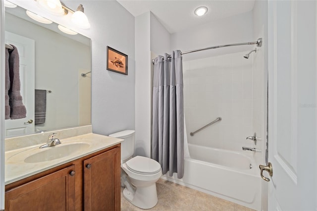 full bathroom with toilet, vanity, and shower / tub combo with curtain