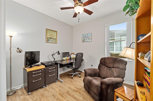 office area featuring ceiling fan and light hardwood / wood-style flooring